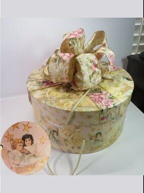 Cherub Angel Hat Box with Wired Ribbon Floral Large Bow 13"